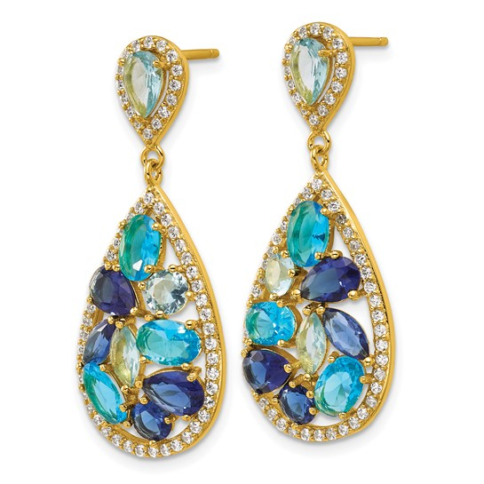 Sterling Silver Gold-plated Polished Blue Glass and CZ Fancy Teardrop Post Dangle Earrings