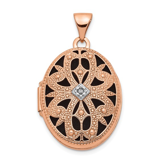 14K Rose Gold Diamond Vintage Filigree with Black Fabric Interior 21mm Oval Locket