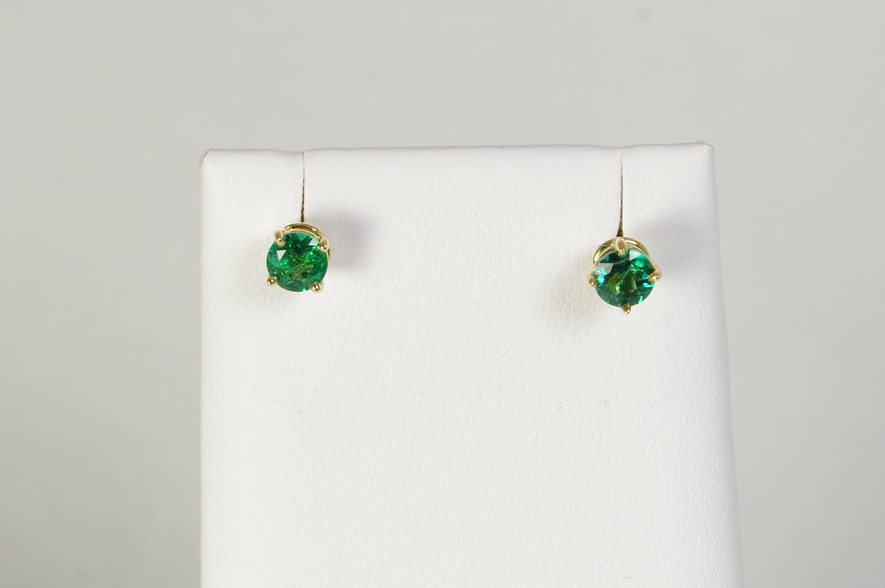 Round Emerald Stud Earrings 18K Yellow Gold