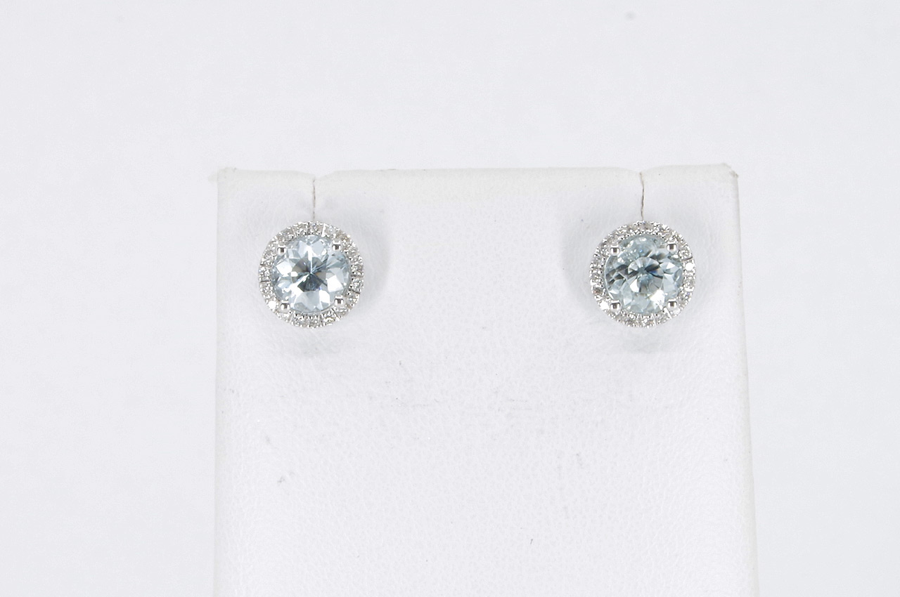 14k White Gold Aquamarine & Diamond Halo Earrings Image 1