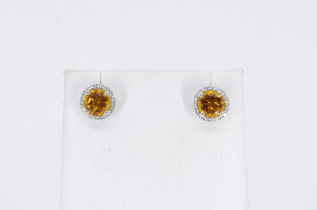 14k White Gold Citrine Diamond Halo Earrings Image 1