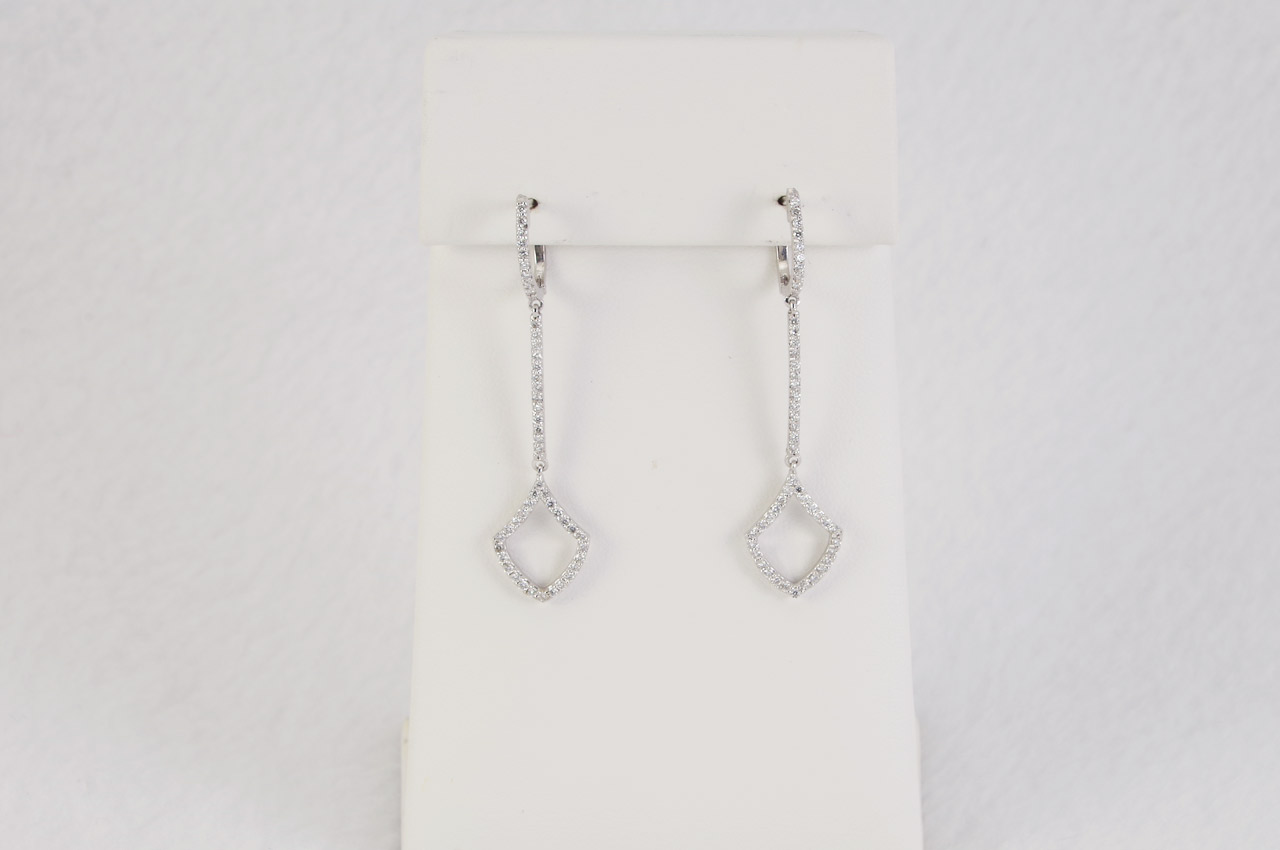 14k white Gold Diamond Dangle Earrings Front
