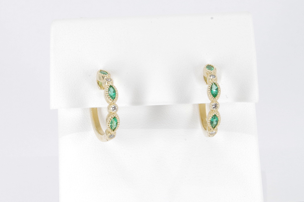14k Yellow Gold Emerald & Diamond Hoop Earrings Image 1
