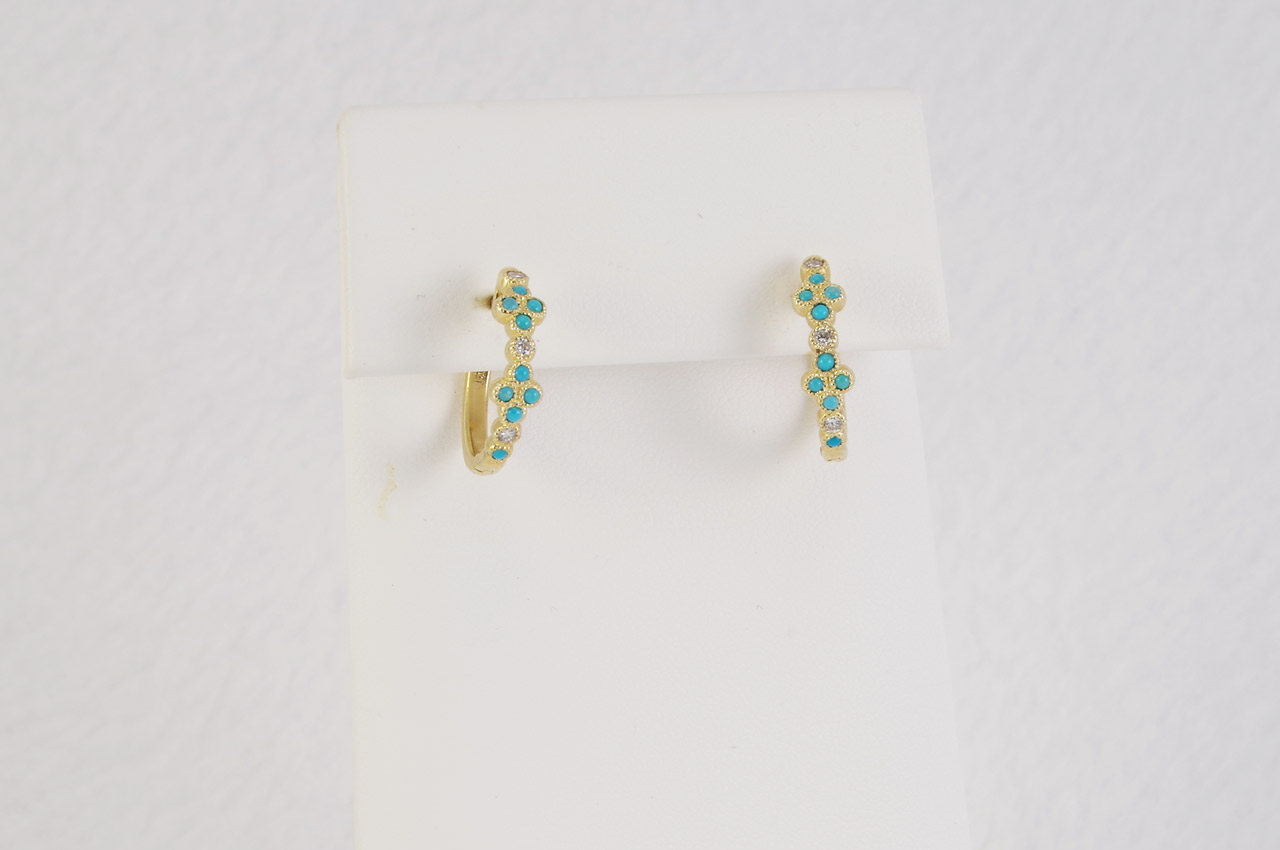 14k Yellow Gold Turquoise & Diamond Hoop Earrings 