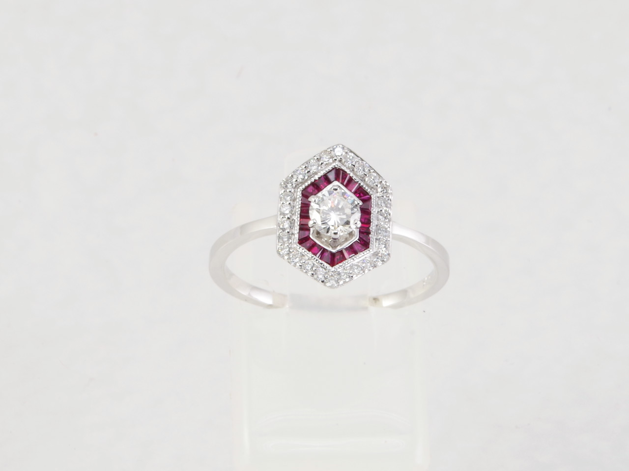 14k White Gold Diamond & Ruby Art-Deco Style Engagement Ring