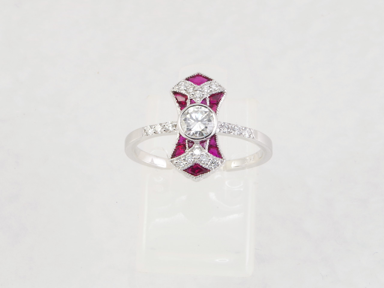 14k White Gold Art-Deco Style Diamond & Ruby Engagement Ring
