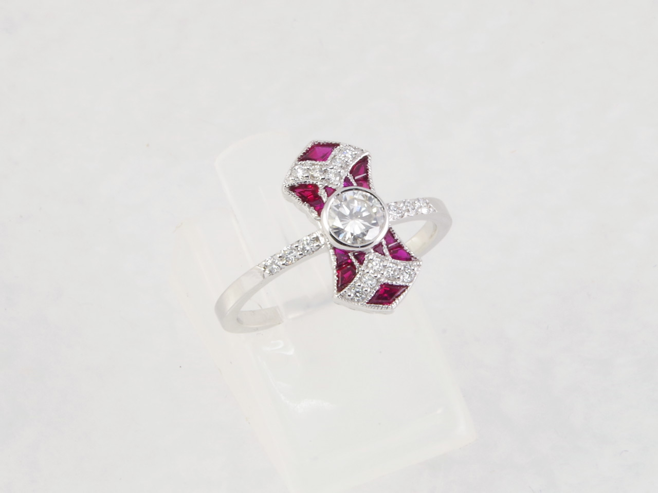 Art-Deco Style Diamond & Ruby Engagement Ring Side
