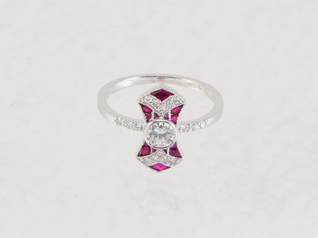 Art-Deco Style Diamond & Ruby Engagement Ring Flat