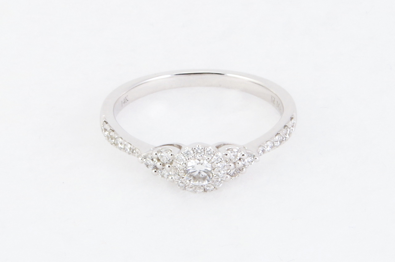 14k White Gold Petite Diamond Halo Ring Flat