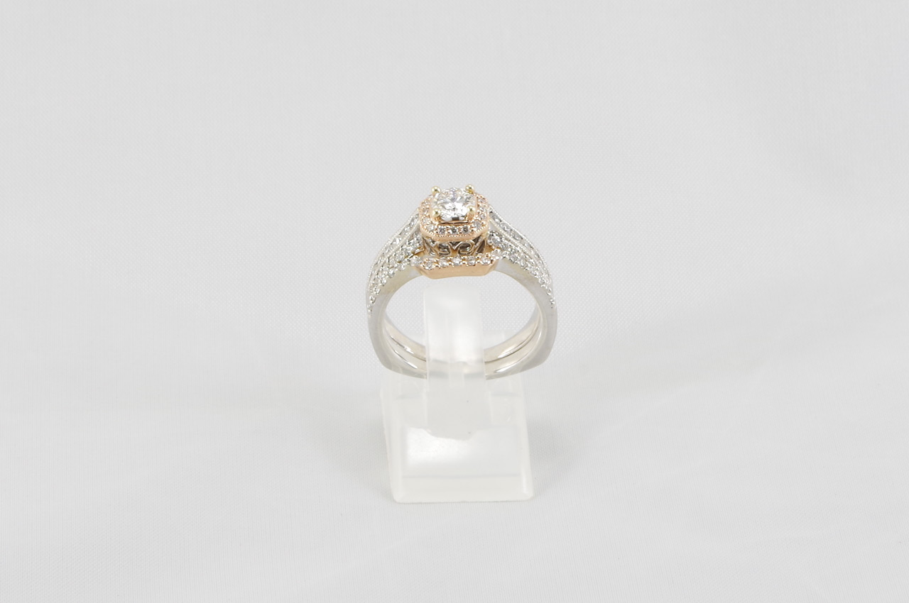 White and Peach Gold Diamond Halo Wedding Set