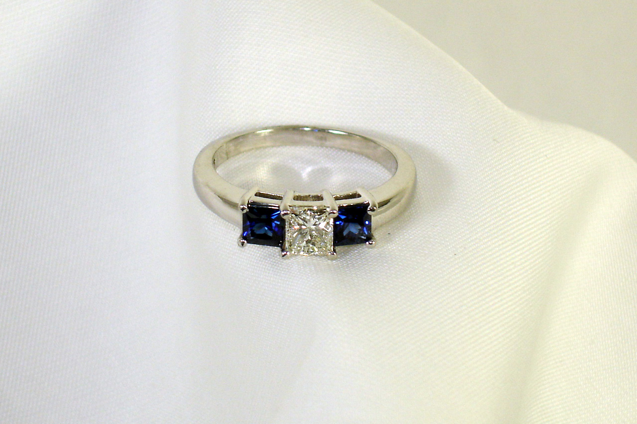 Platinum Diamond & Sapphire Three-Stone Ring