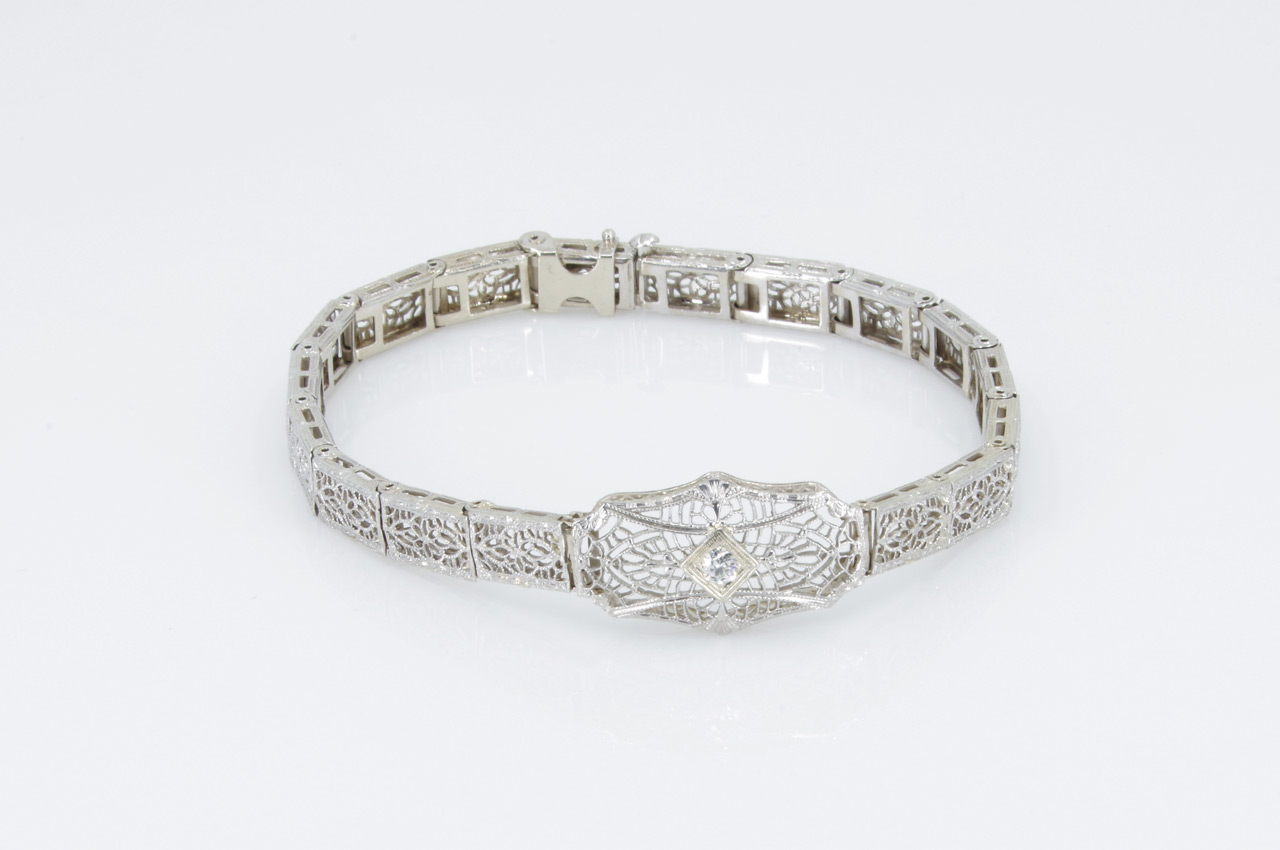 Estate 14k White Gold Vintage Diamond Filigree Bracelet Thumbnail