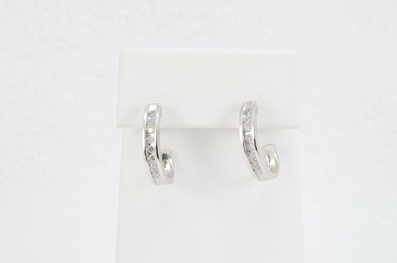 Estate 14k White Gold Diamond J-Hoop Earrings Thumbnail