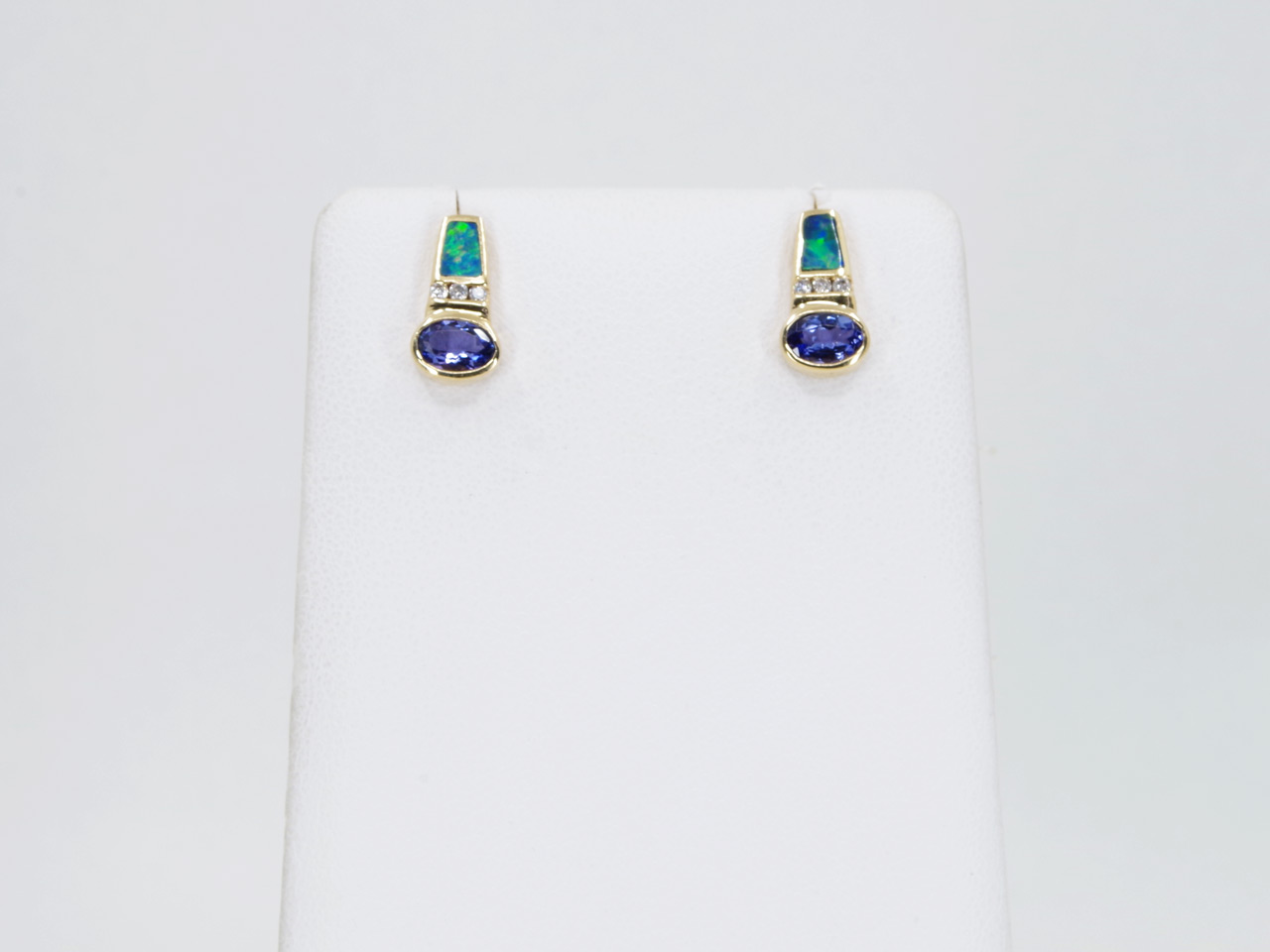 Estate 14k Yellow Gold Tanzanite Opal Diamond Earrings Top