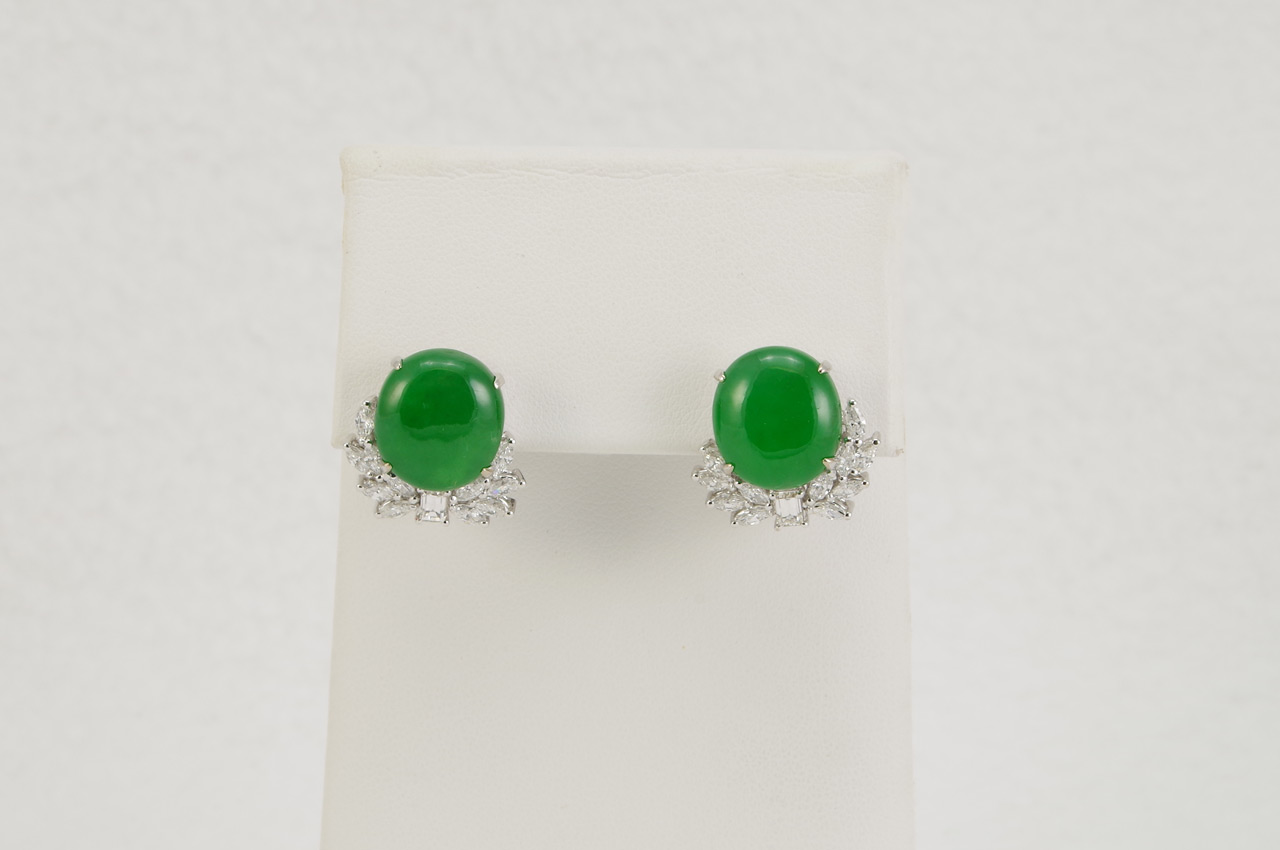 Estate 18k White Gold Jade & Diamond Earrings Thumbnail
