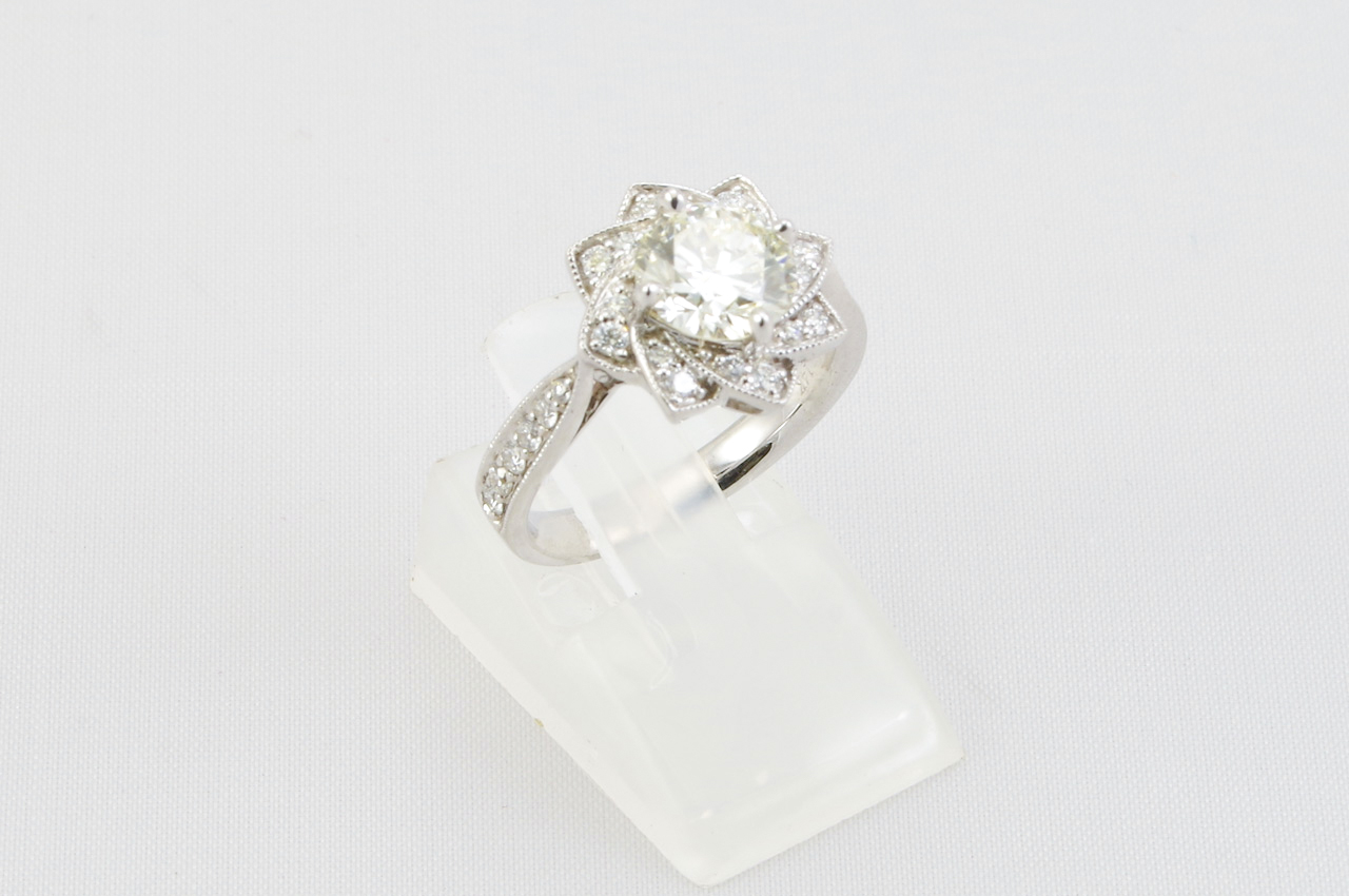 Estate White Gold Diamond Halo Engagement Ring Side