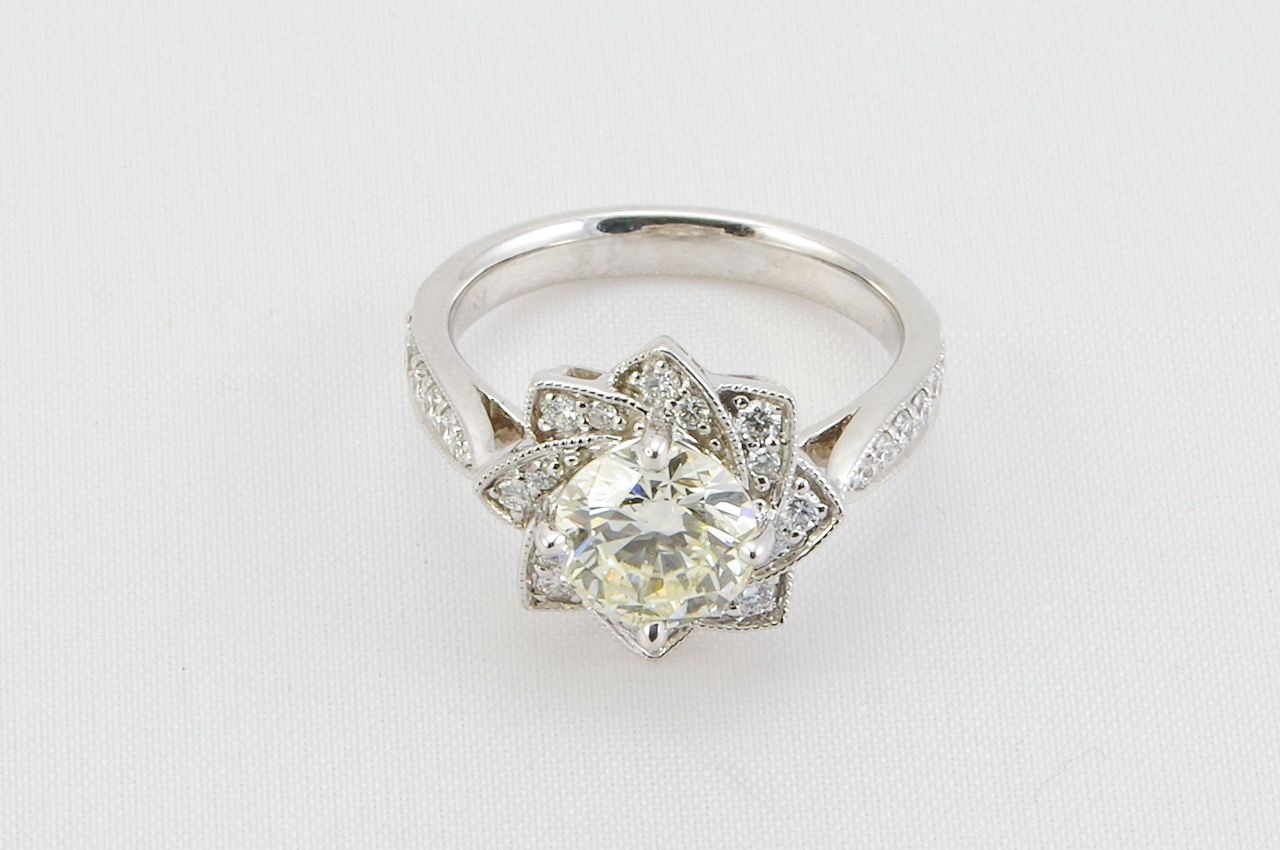 Estate White Gold Diamond Halo Engagement Ring Flat