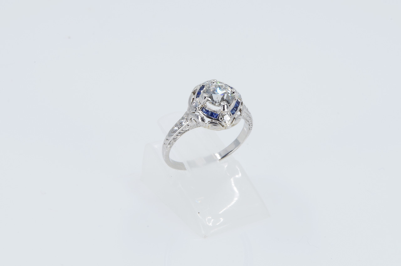 Estate Platinum Vintage Diamond & Sapphire Ring Side