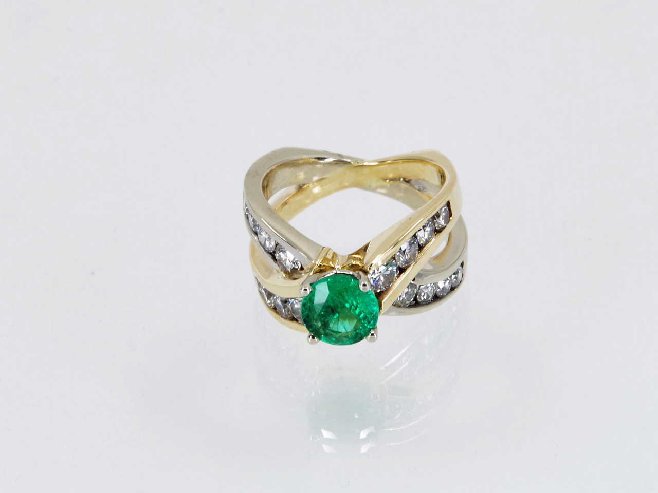 Estate Two Tone Emerald & Diamond Ring Flat