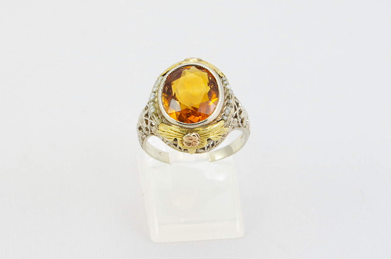 Estate Yellow Gold Citrine & Pearl Ring