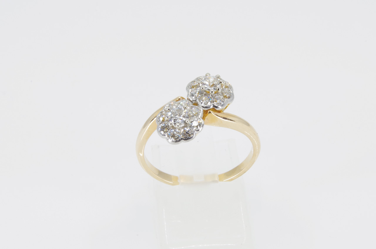 Estate 14k Yellow Gold Double Diamond Cluster Bypass Ring Thumbnail