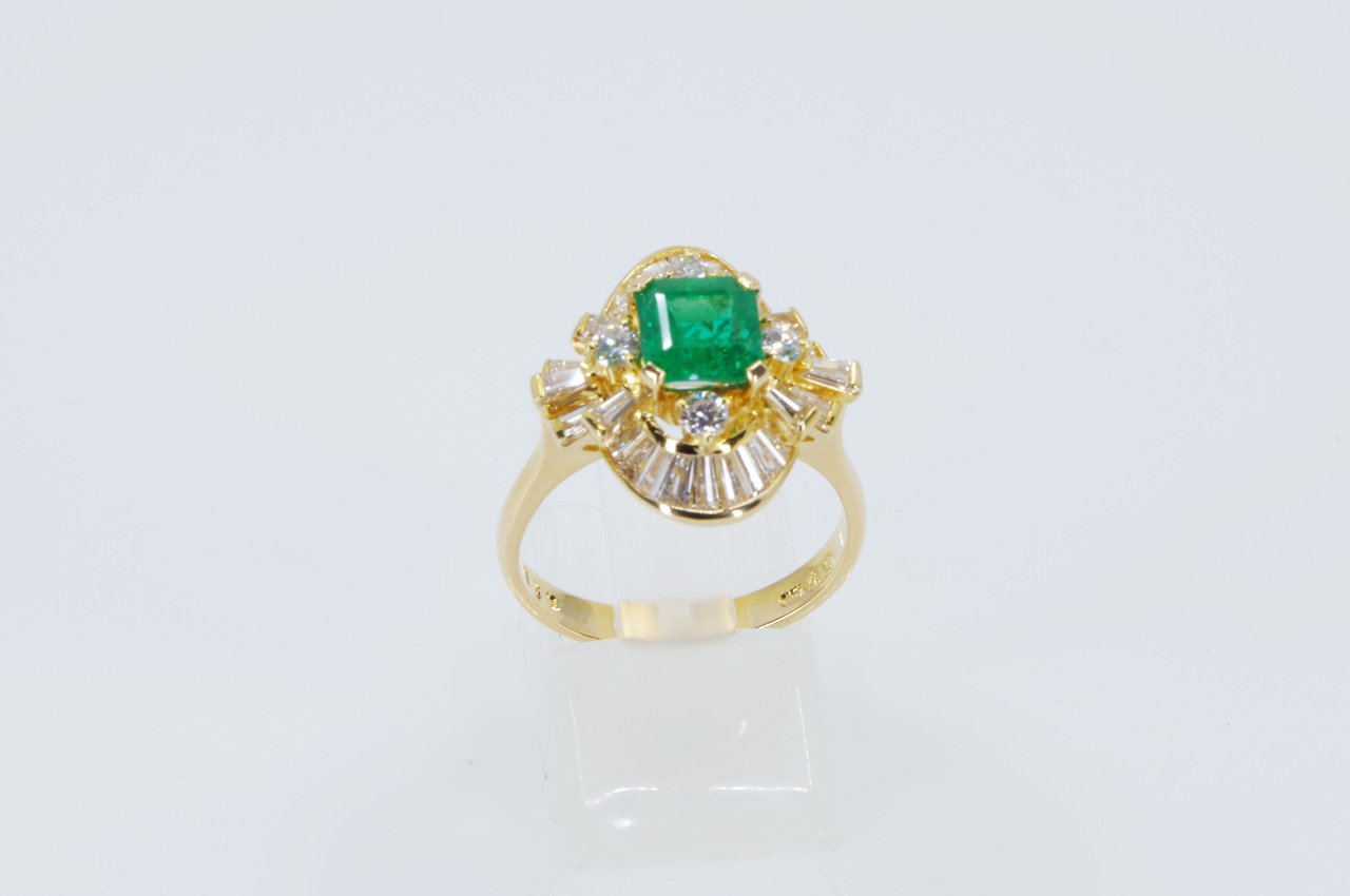 Estate 18k Yellow Gold Emerald & Diamond Crisscross Ring Thumbnail