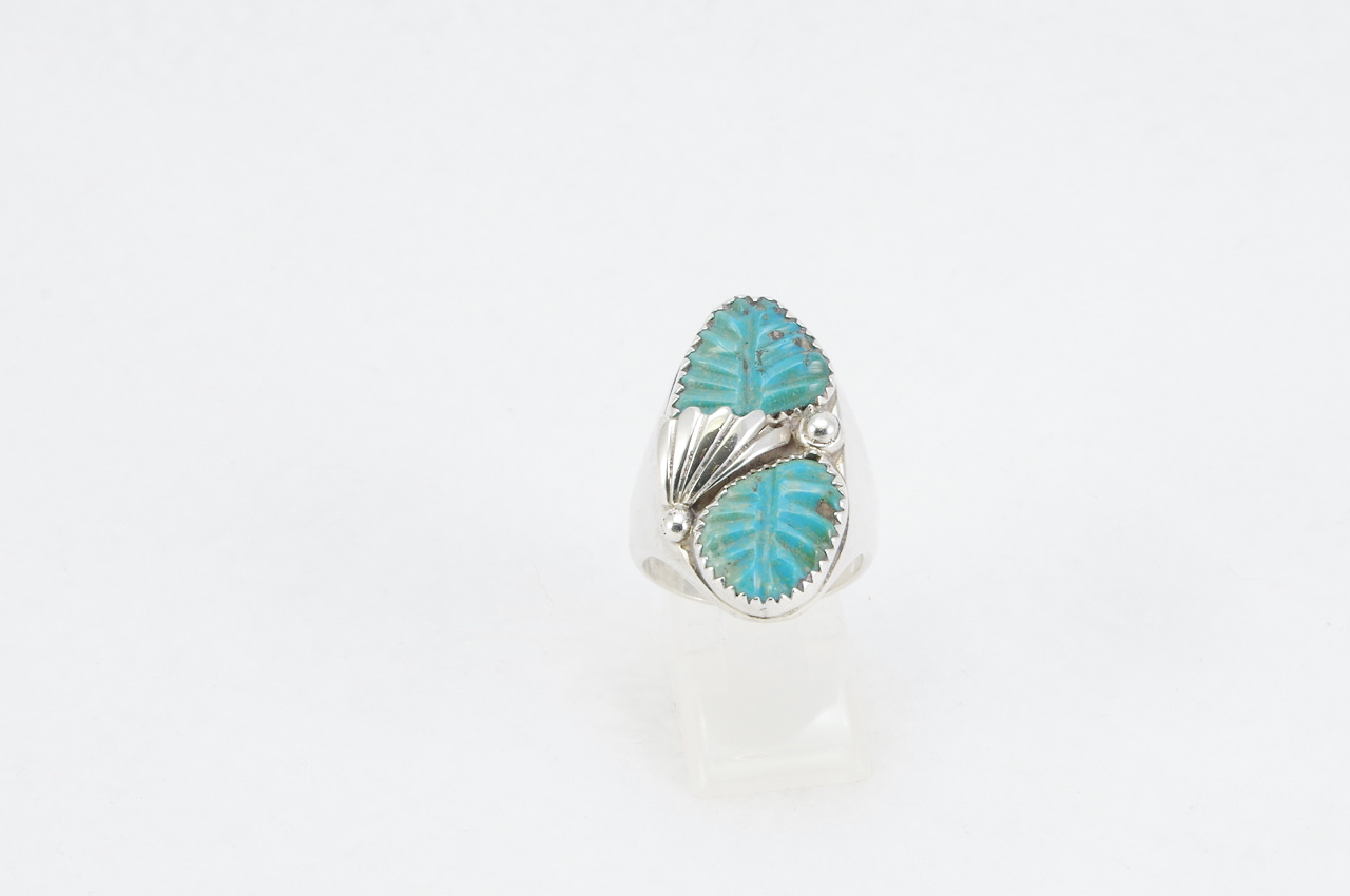 Estate Sterling Silver Carved Turquoise Ring Thumbnail