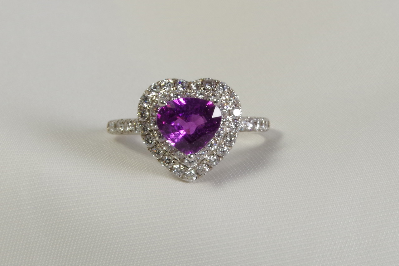 Purple Heart-shaped Sapphire & Diamond Halo Ring