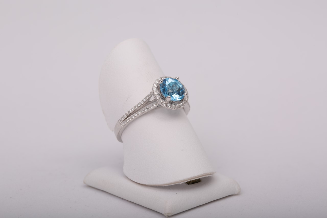 White Gold Blue Topaz Diamond Halo Fashion Ring