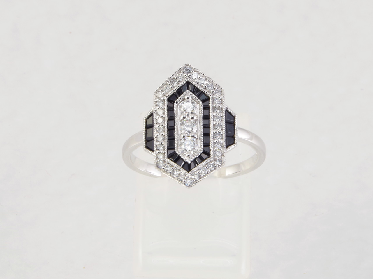 14k White Gold Art Deco Style Diamond & Onyx Ring