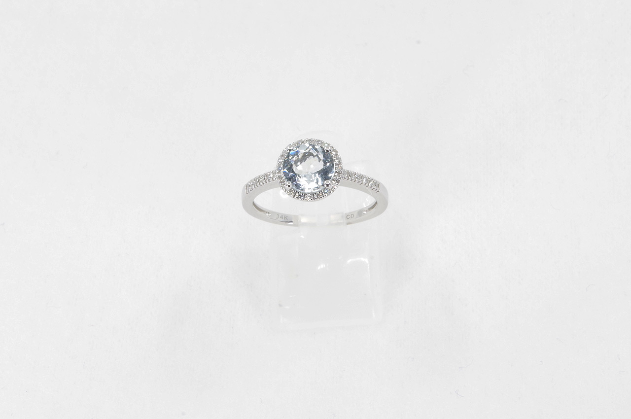 14k White Gold Aquamarine & Diamond Halo Ring