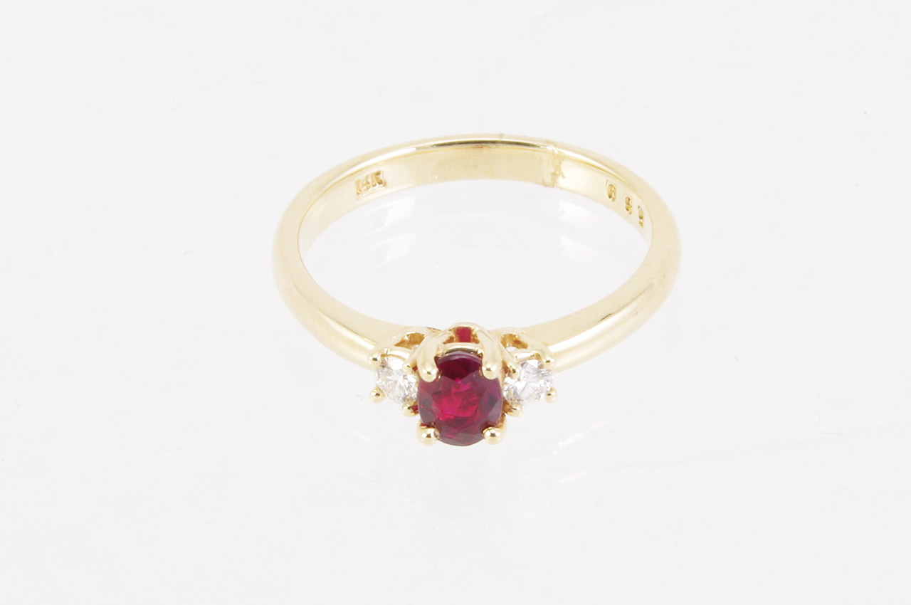14k Yellow Gold Oval Ruby & Diamond 3-Stone Ring Flat