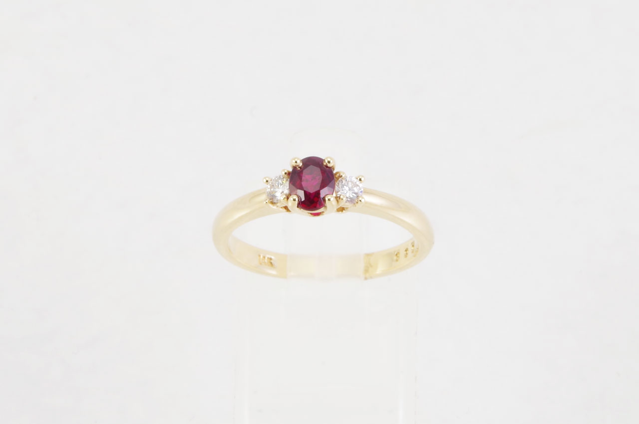 14k Yellow Gold Ruby & Diamond 3-Stone Ring Top
