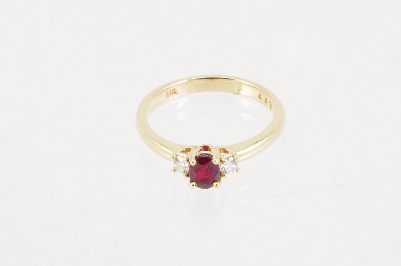 14k Yellow Gold Ruby & Diamond 3-Stone Ring Flast