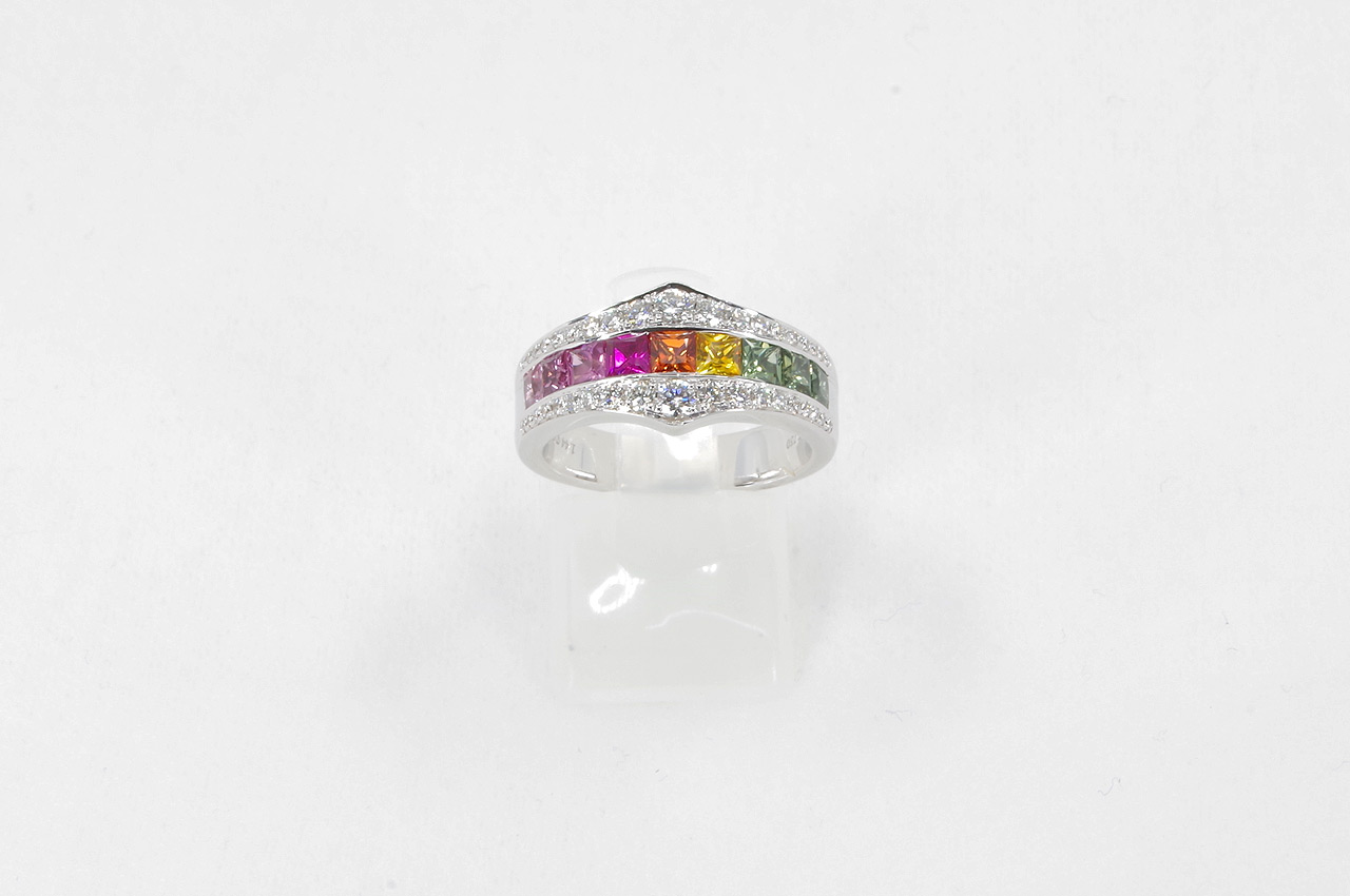 18k White Gold Rainbow Sapphire Diamond Ring Image 1