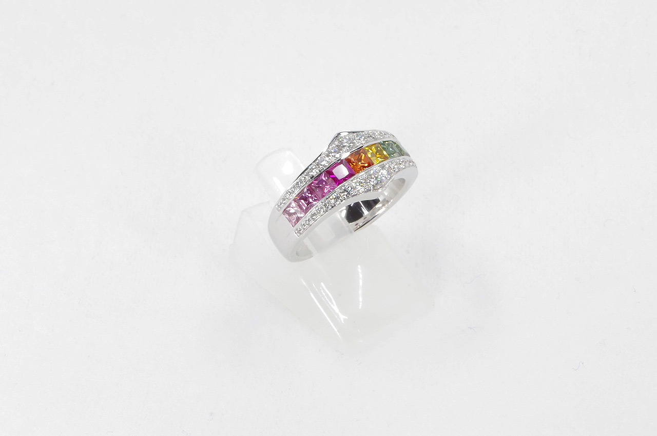 18k White Gold Rainbow Sapphire Diamond Ring Image 2